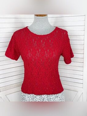 Vintage Y2K Printemps Stretch Lace Tee Shirt Top Red Large Coquette Sheer